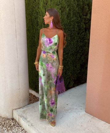 Anisten | Elegant long dress with halo-dye print and detachable shawl