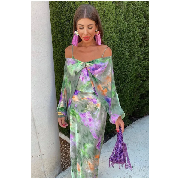 Anisten | Elegant long dress with halo-dye print and detachable shawl