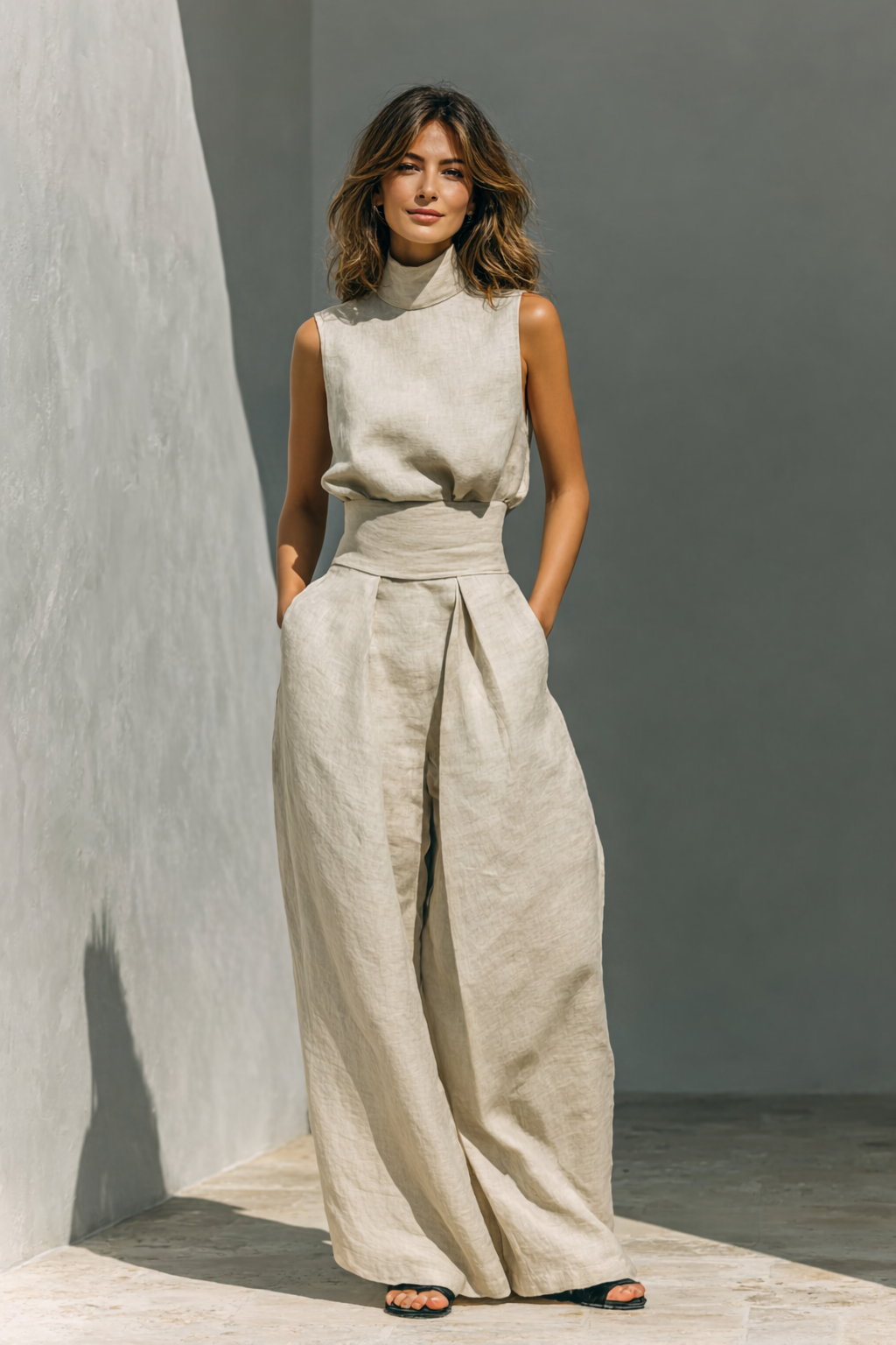 Maria - Women's Minimalist Cotton Linen Camisole and Wide-Leg Pants Set