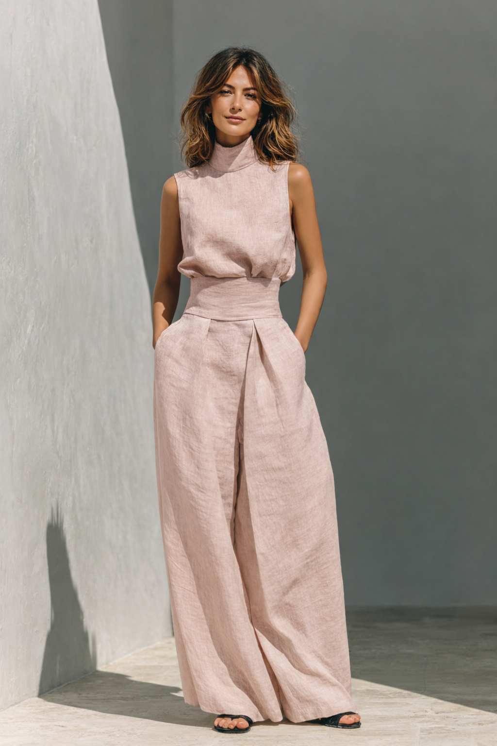 Maria - Women's Minimalist Cotton Linen Camisole and Wide-Leg Pants Set