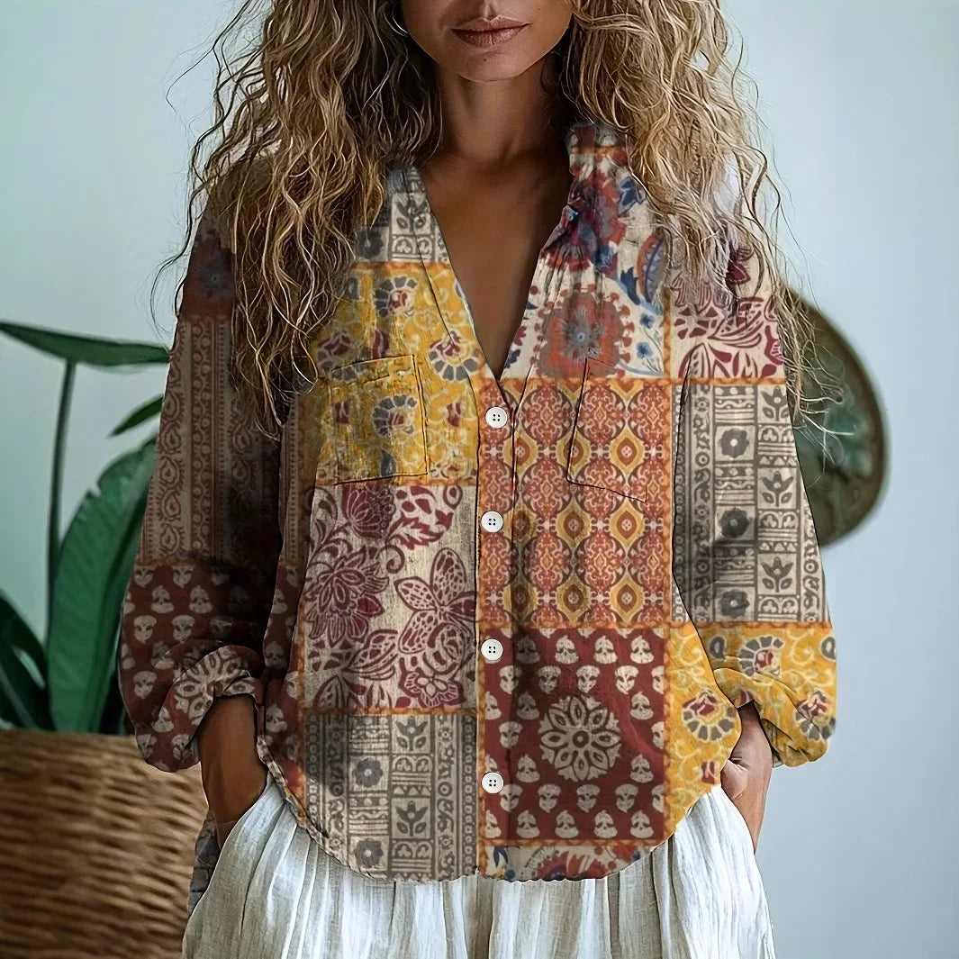 Women's Blouse | Long Sleeves with Printed V-Neck