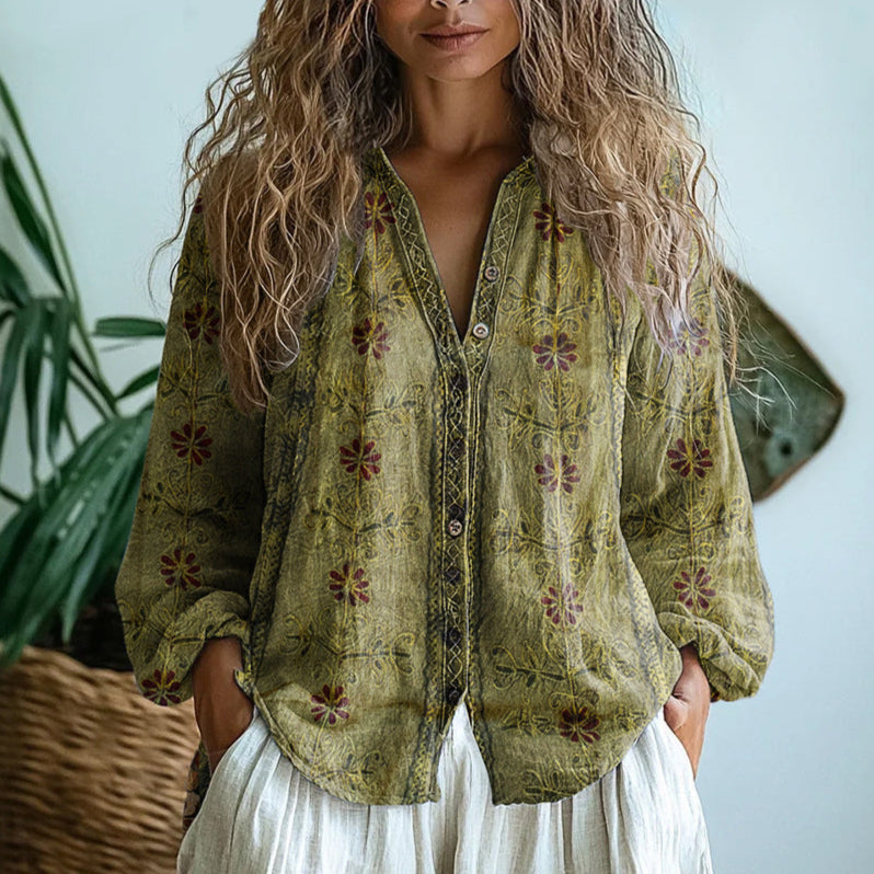 Women's Blouse | Long Sleeves with Printed V-Neck